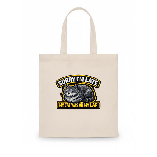 SORRY IM LATE MY CAT WAS ON MY LAP - cat loaf in gray , valid excuse - Tote Bag - white