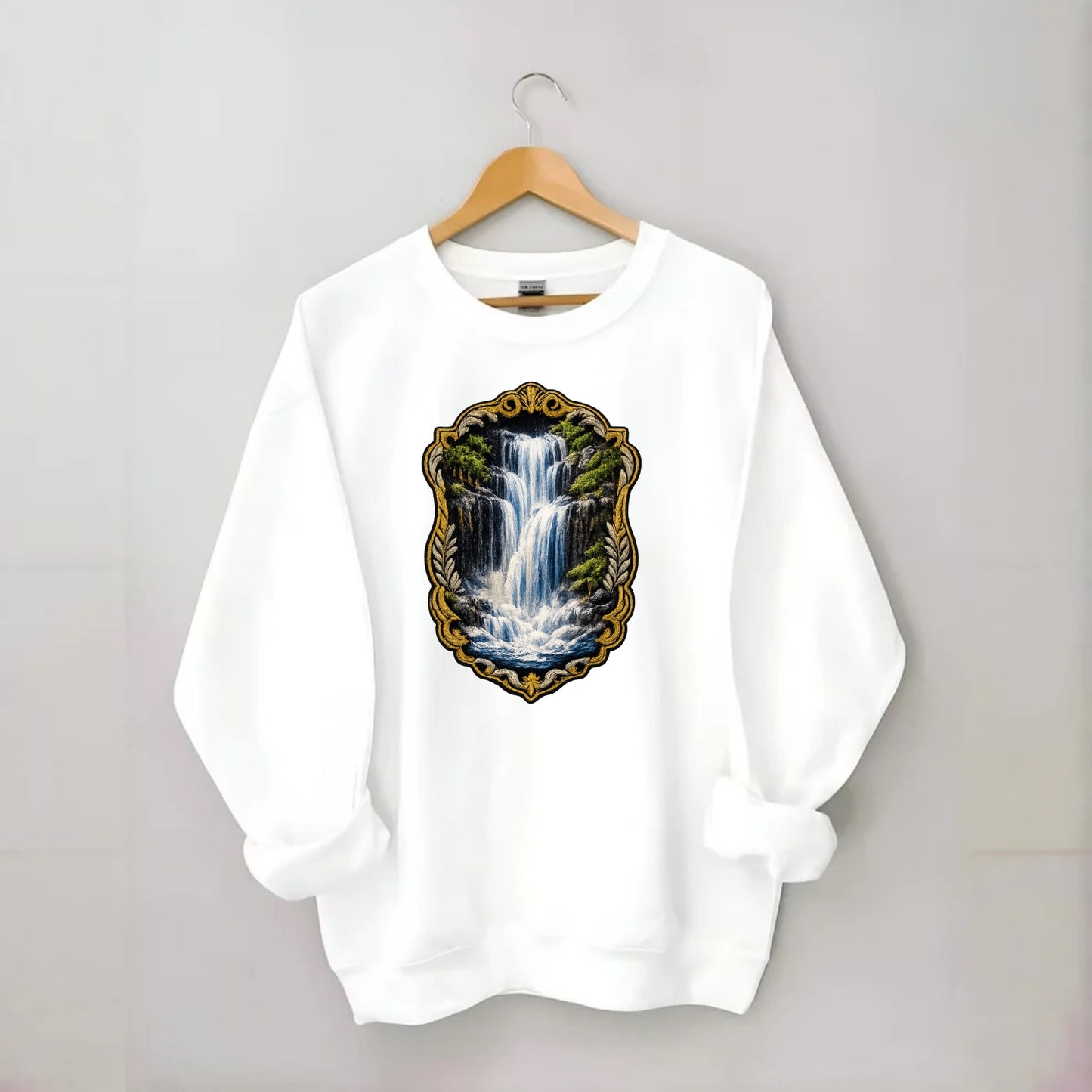 WATERFALL CASCADE - falling water with mist in blue and white , nature wonder - Crewneck Sweatshirt - white