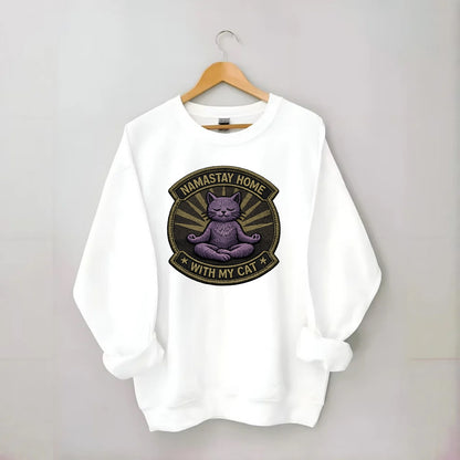NAMASTAY HOME WITH MY CAT - yoga cat in purple , introvert cat - Crewneck Sweatshirt - white