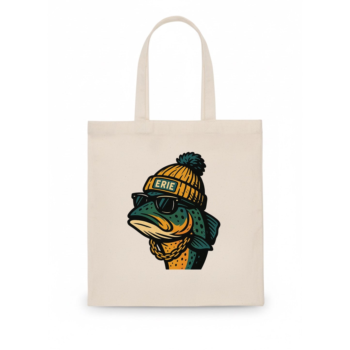 Erie Lake Trout wearing Erie beanie with pom pom and wayfarer sunglasses - Tote Bag - white