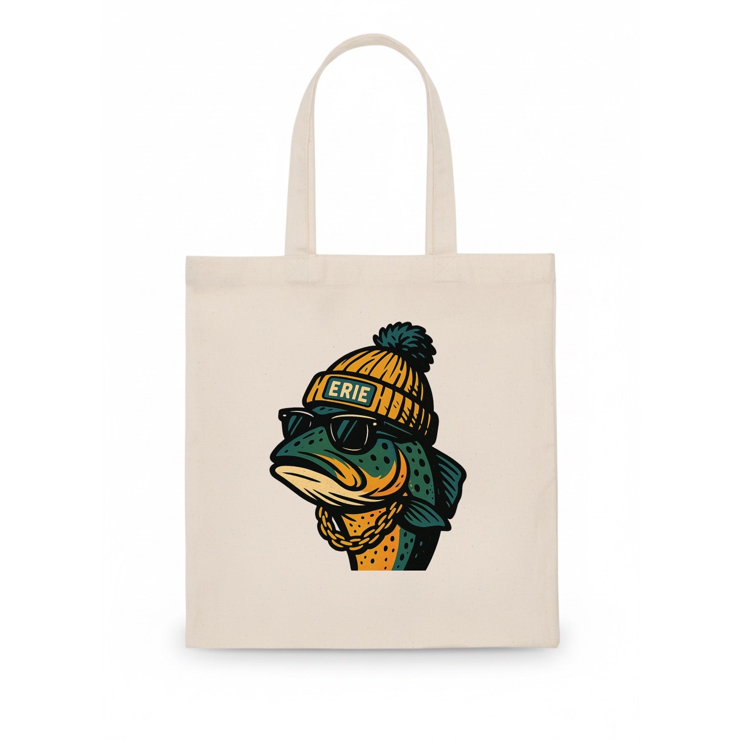 Erie Lake Trout wearing Erie beanie with pom pom and wayfarer sunglasses - Tote Bag - white