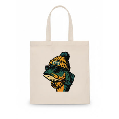 Erie Lake Trout wearing Erie beanie with pom pom and wayfarer sunglasses - Tote Bag - white