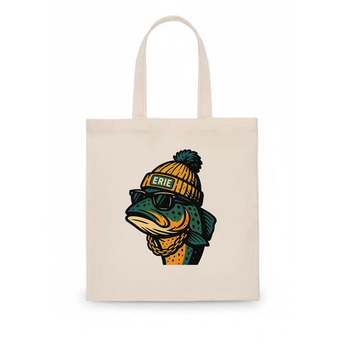 Erie Lake Trout wearing Erie beanie with pom pom and wayfarer sunglasses - Tote Bag