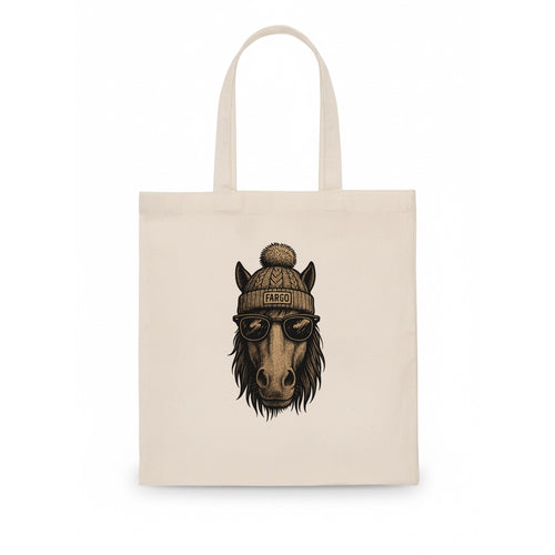 North Dakota Nokota Horse wearing Fargo beanie with pom pom and wayfarer sunglasses - Tote Bag