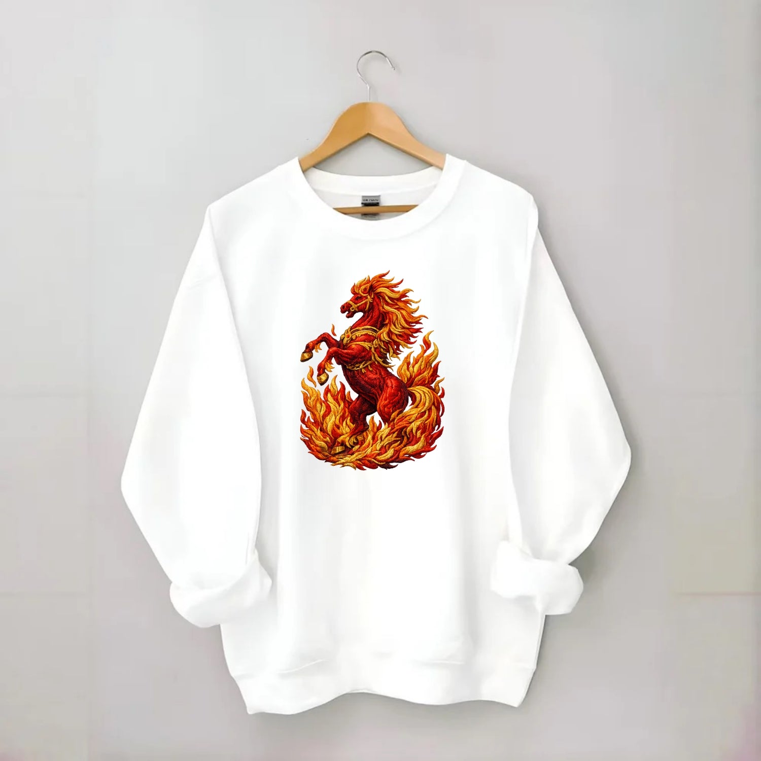 VICTORY BLAZE | Triumphant rearing horse in flames | Achievement celebration - Crewneck Sweatshirt - white