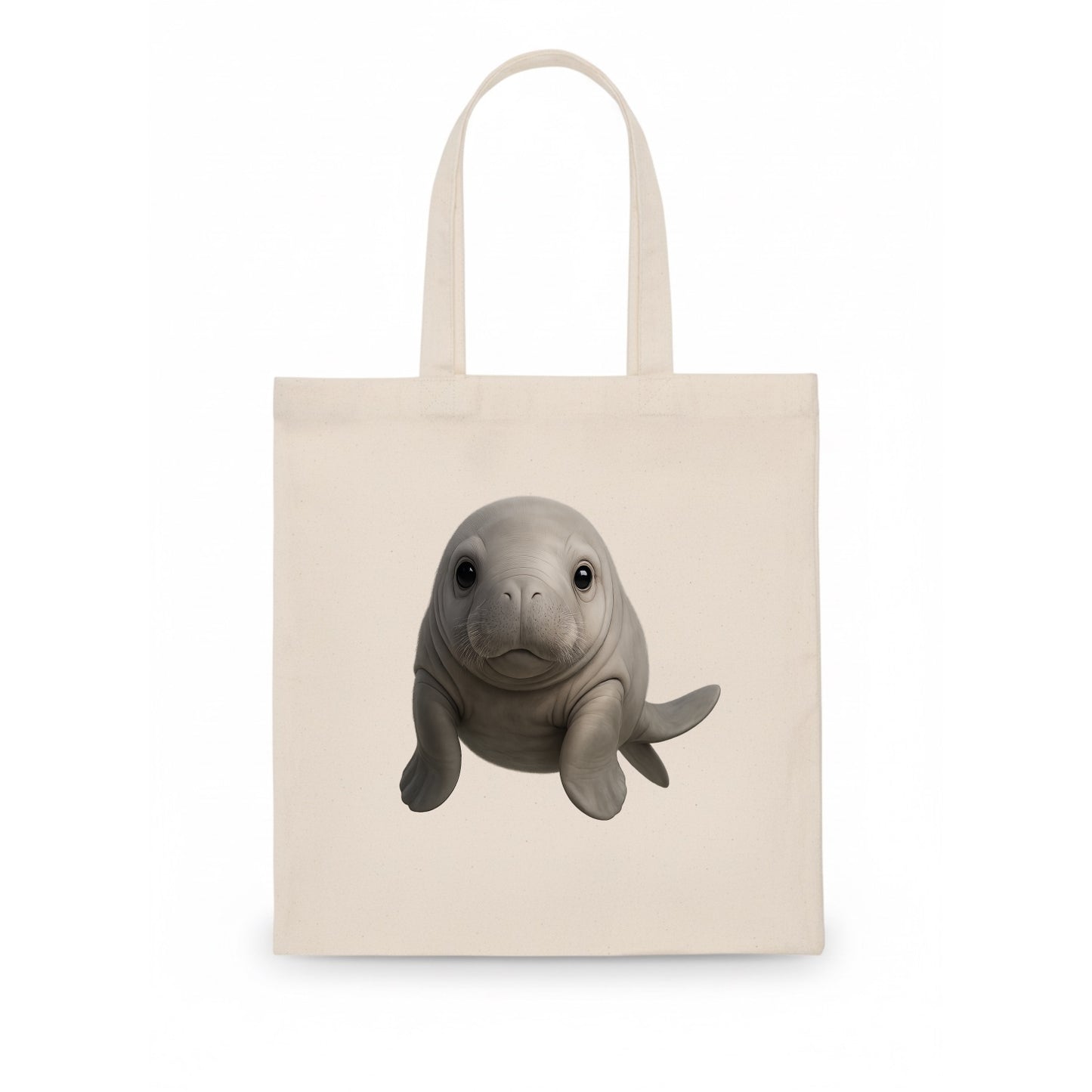 Baby Dugong - gray with paddle tail, gentle expression, whiskers, front-facing, sweet - Tote Bag - white