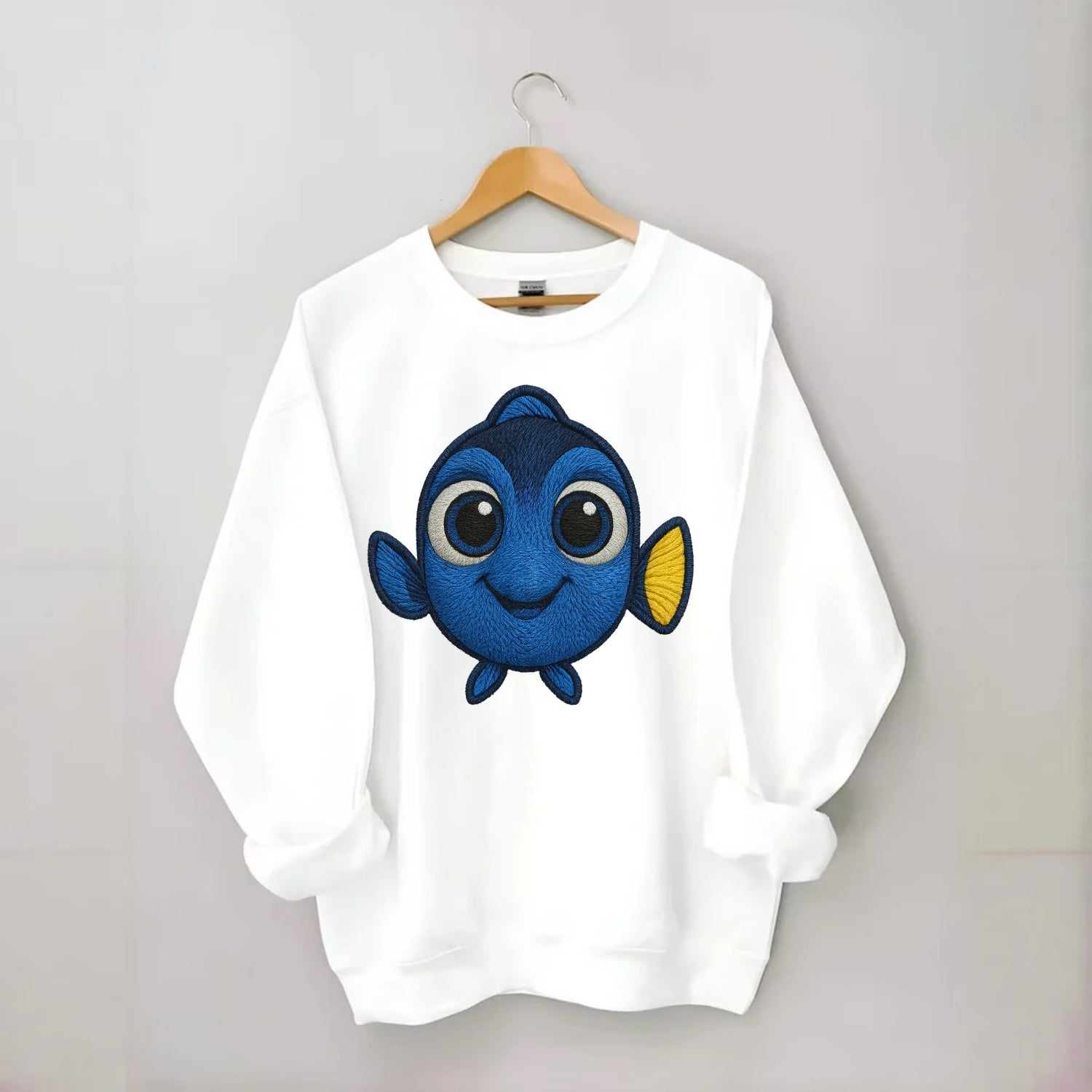 Baby Blue Tang - bright blue with yellow tail, big eyes, front-facing, - Crewneck Sweatshirt - white