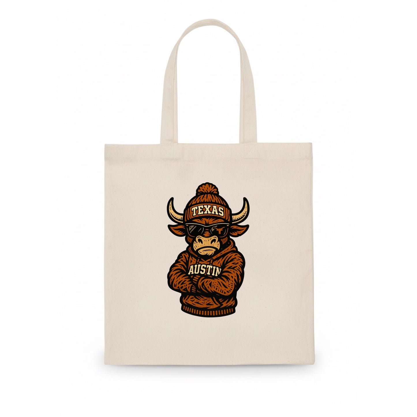 Austin Bevo wearing Texas beanie with longhorn patch - Tote Bag - white