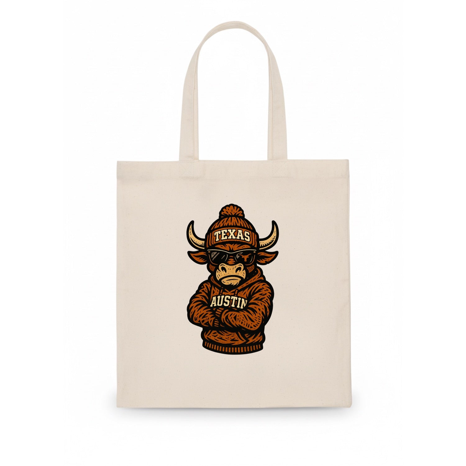 Austin Bevo wearing Texas beanie with longhorn patch - Tote Bag - white