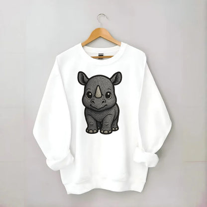 Baby Rhino - gray armor skin, tiny horn nub, round eyes, front-facing, tank - Crewneck Sweatshirt - white