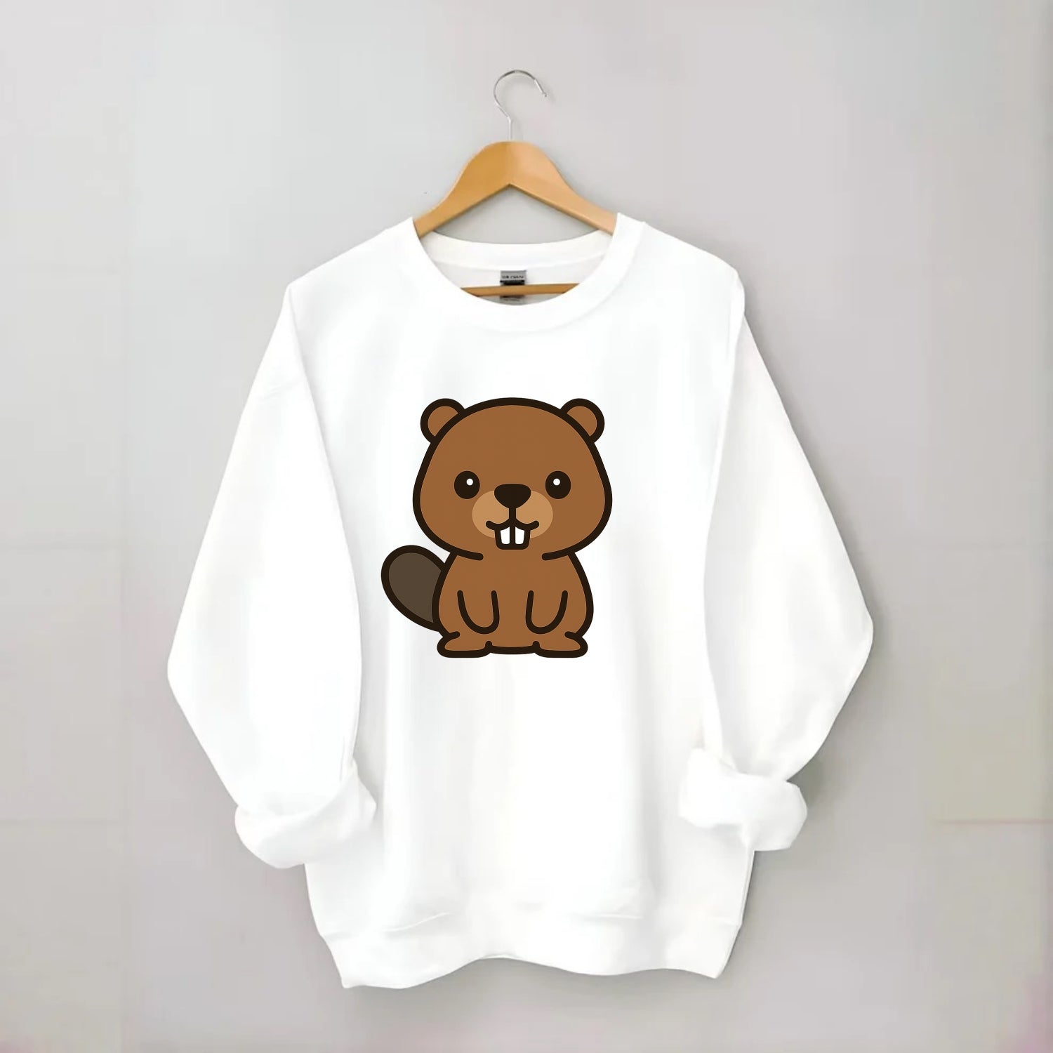 Baby Beaver - brown fur, paddle tail, buck teeth, friendly eyes, - Crewneck Sweatshirt - white