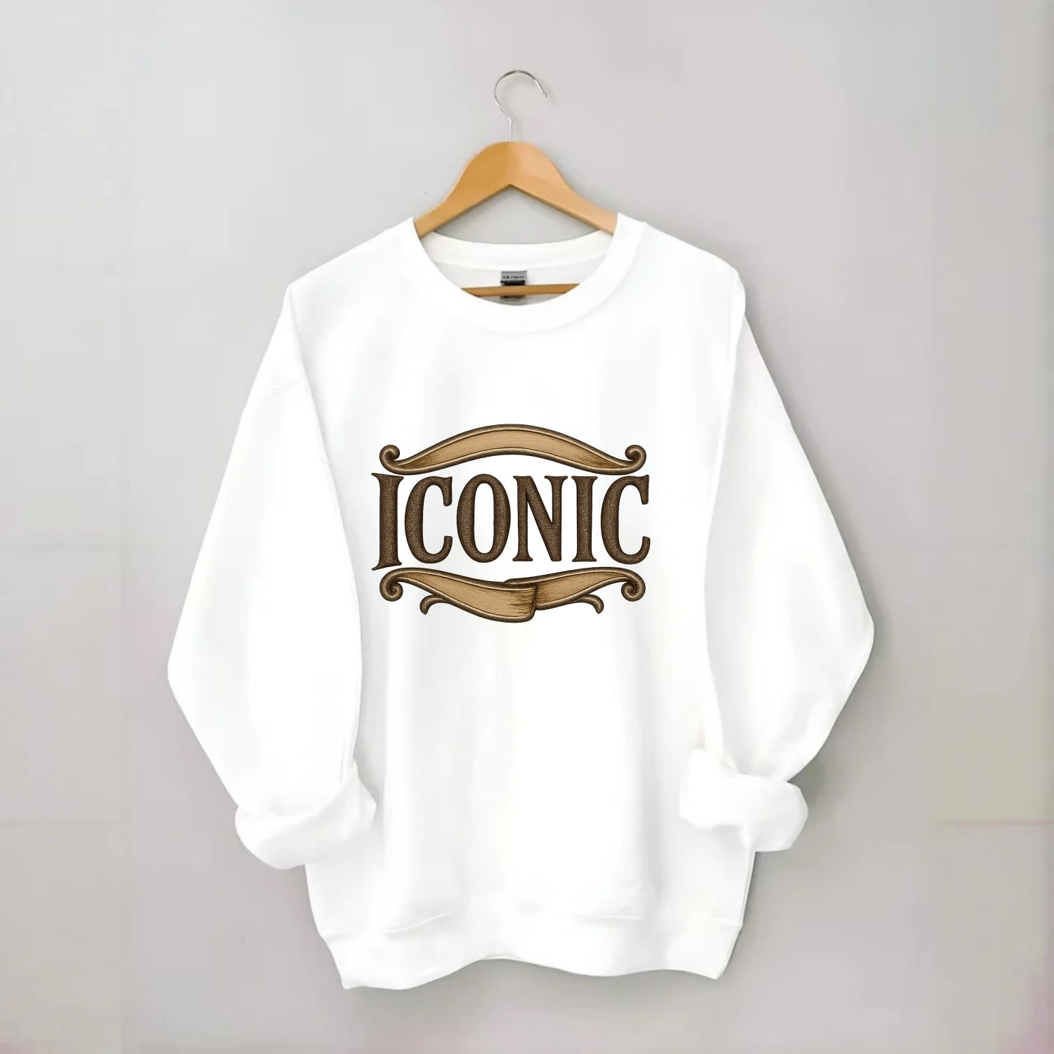 Bold typography design - "ICONIC" - instantly recognizable, trendsetter - Crewneck Sweatshirt - white