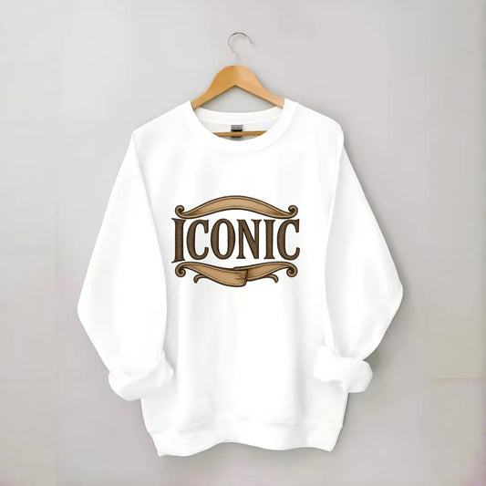 Bold typography design - "ICONIC" - instantly recognizable, trendsetter - Crewneck Sweatshirt - white