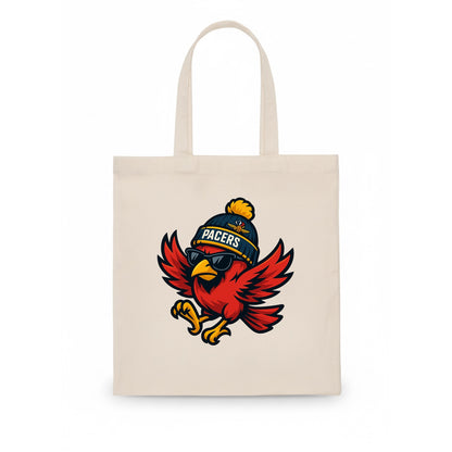 Indiana Cardinal wearing Pacers beanie with speedway patch and wayfarer sunglasses - Tote Bag - white