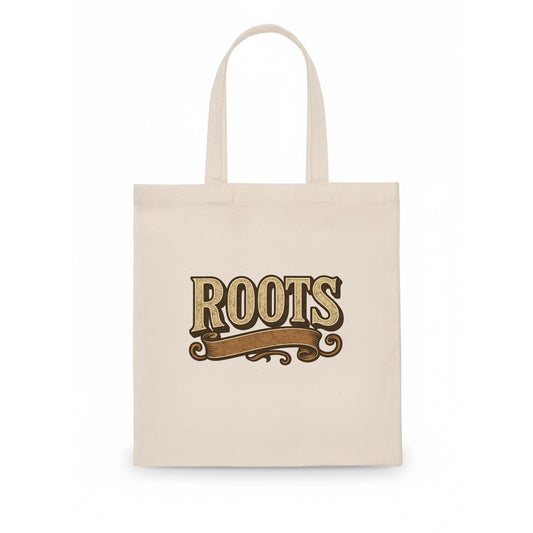 Bold typography design - "ROOTS" - where you come from, heritage - Tote Bag - white