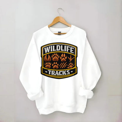 WILDLIFE TRACKS - animal footprints in brown , tracker - Crewneck Sweatshirt - white