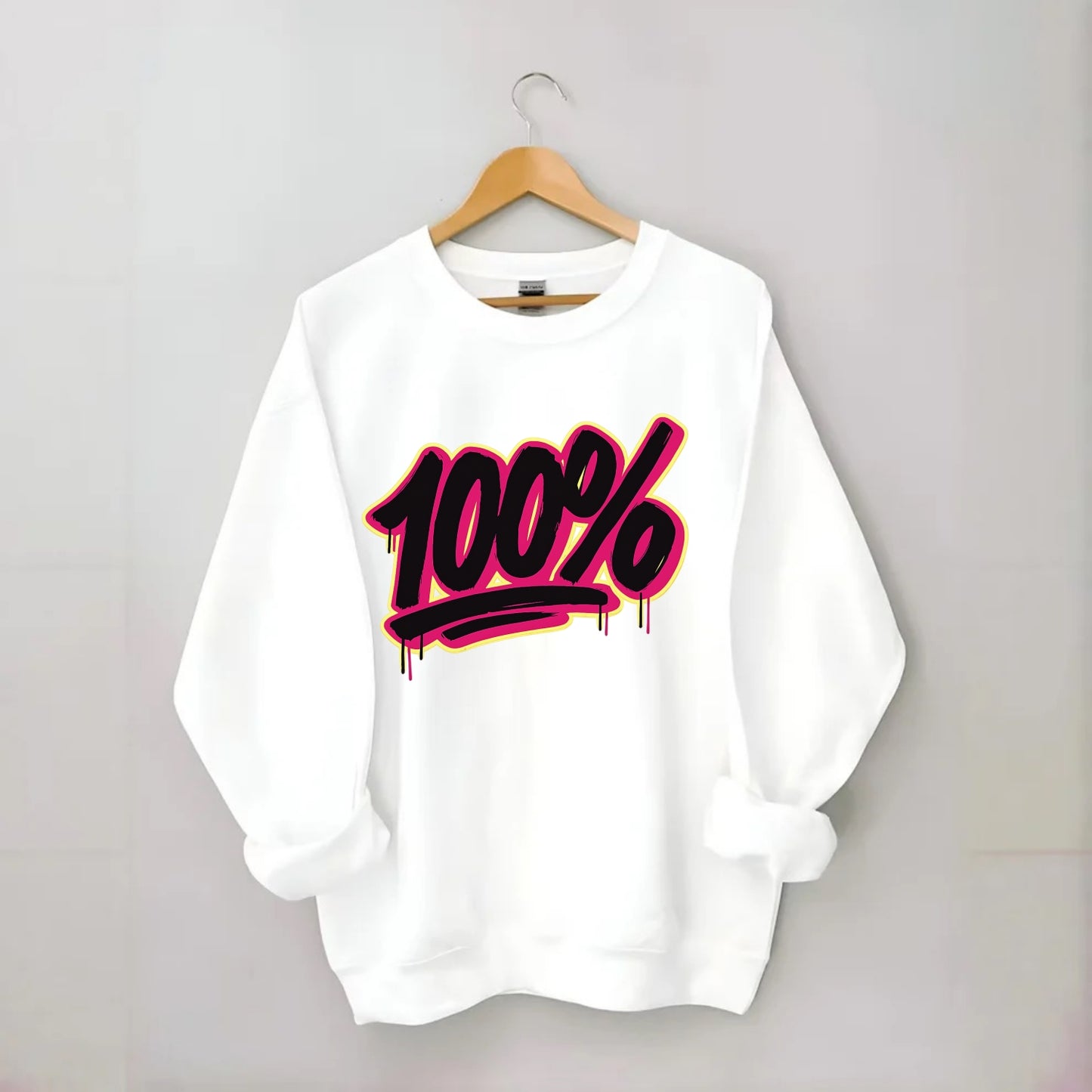Bold typography design - "100%" - all in, fully committed - Crewneck Sweatshirt - white