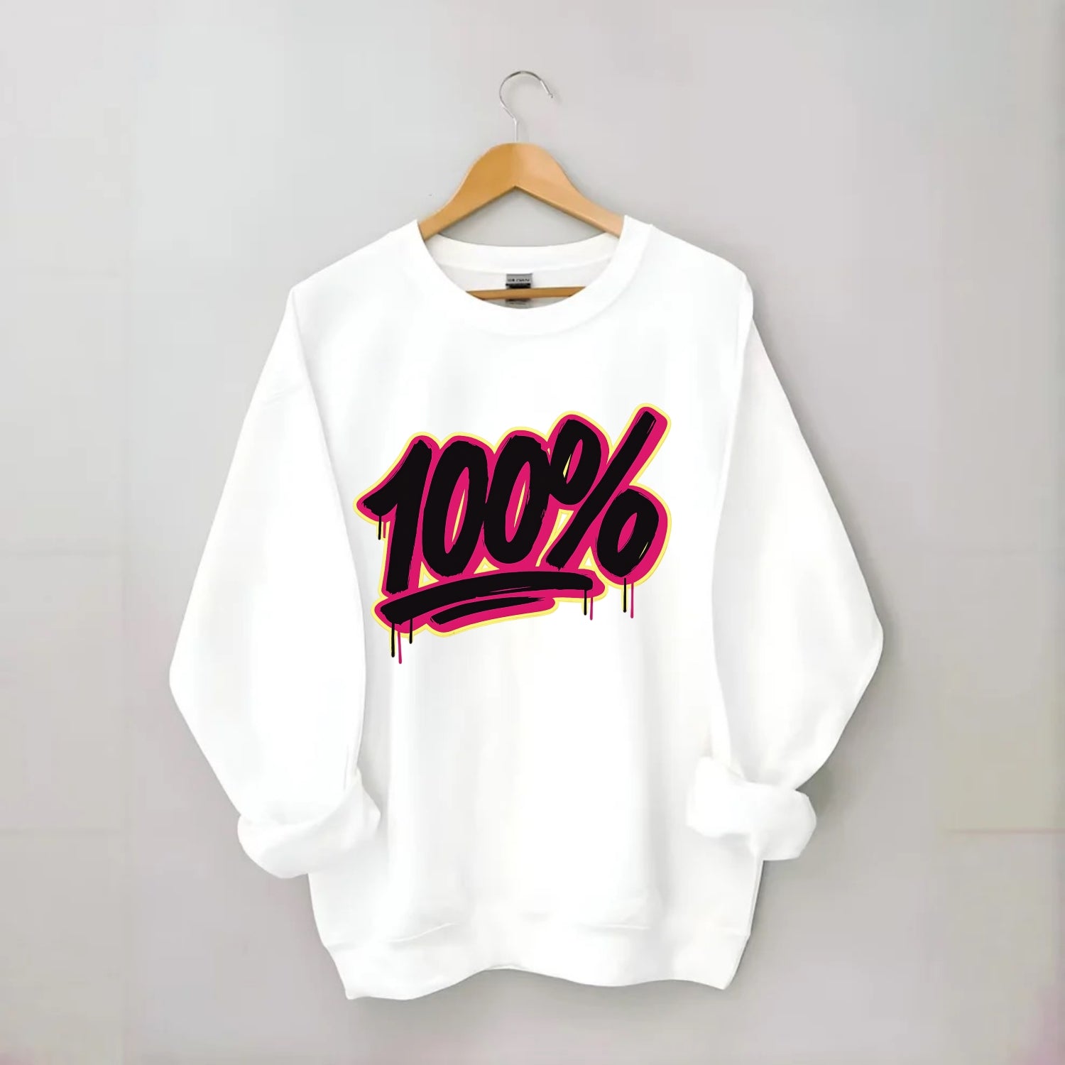 Bold typography design - "100%" - all in, fully committed - Crewneck Sweatshirt - white