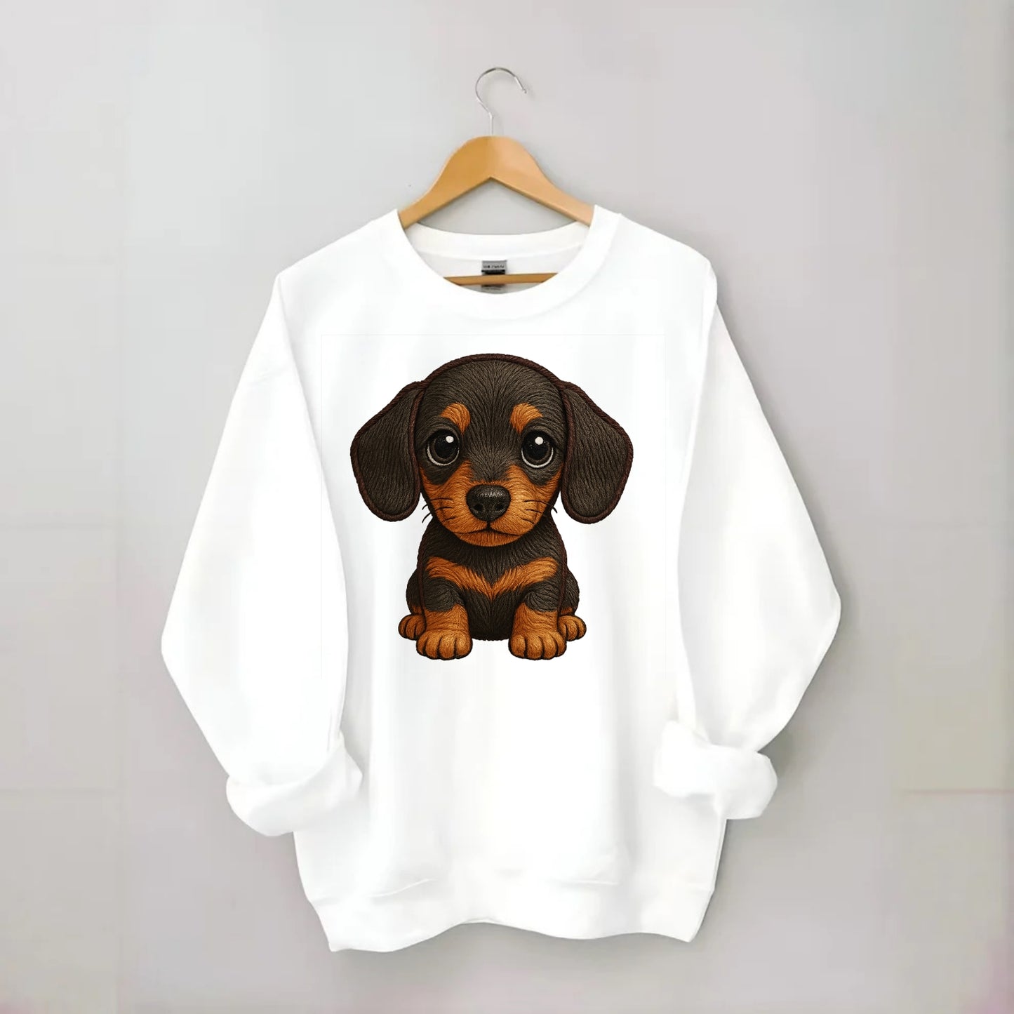 Baby Dachshund Puppy - long body, short legs, floppy ears, curious eyes, - Crewneck Sweatshirt - white