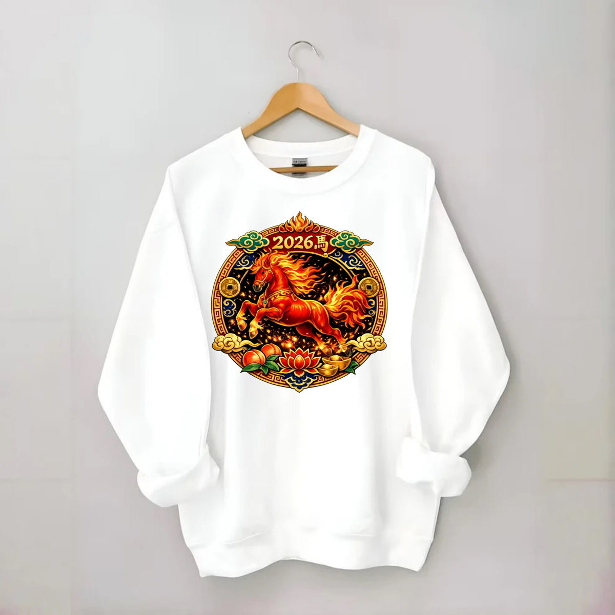 FIRE HORSE | Flaming mane and tail horse | Blazing orange and red colors | - Crewneck Sweatshirt - white