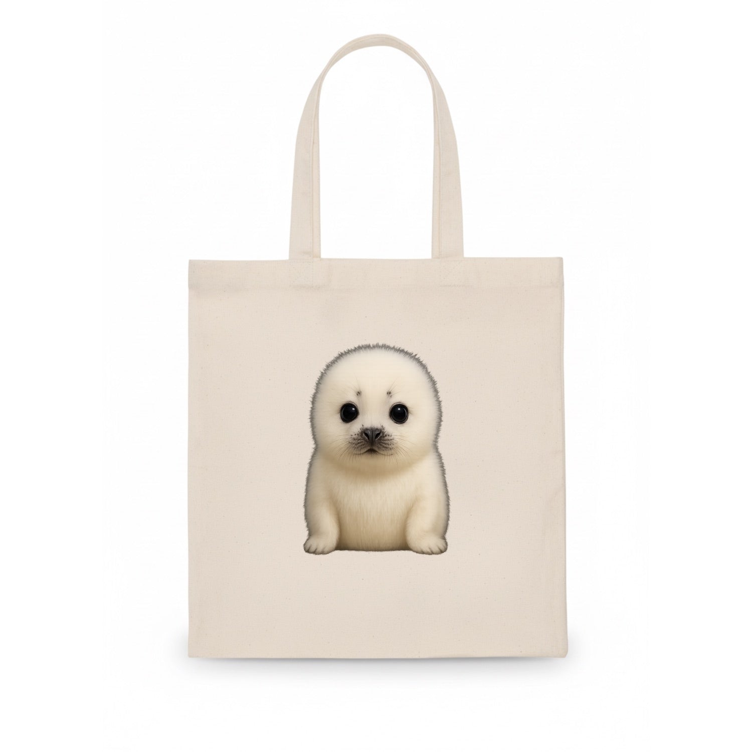 Baby Harp Seal - pure white fluffy fur, enormous dark eyes, front-facing, iconic cute - Tote Bag - white