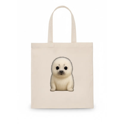 Baby Harp Seal - pure white fluffy fur, enormous dark eyes, front-facing, iconic cute - Tote Bag - white
