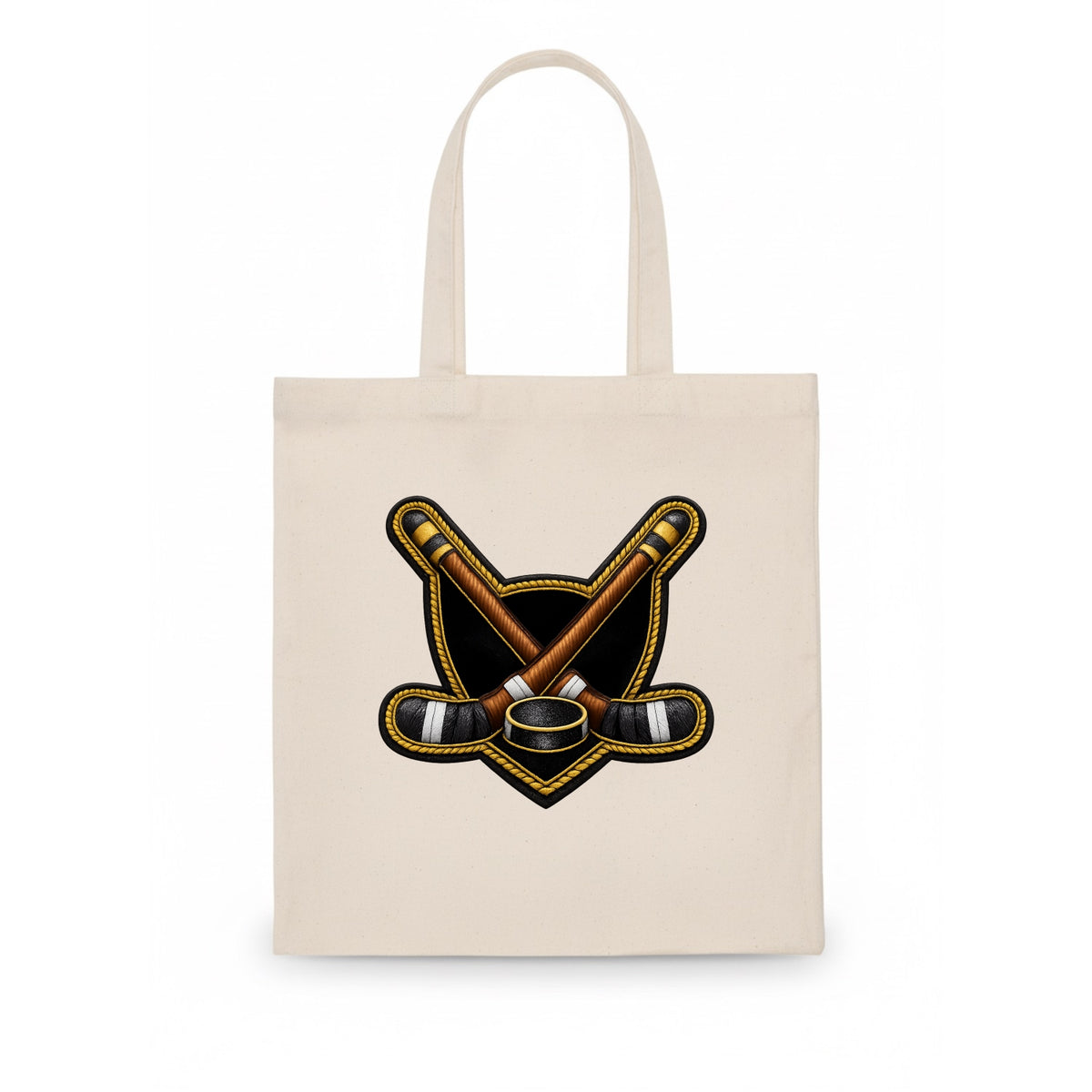 Embroidered patch design - HOCKEY CROSSED STICKS - ice hockey sticks with puck in brown, - Tote Bag - white