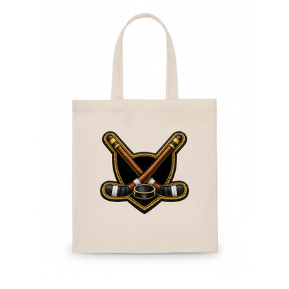Embroidered patch design - HOCKEY CROSSED STICKS - ice hockey sticks with puck in brown, - Tote Bag - white