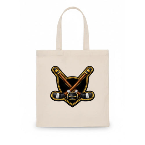 HOCKEY CROSSED STICKS - ice hockey sticks with puck in brown, - Tote Bag