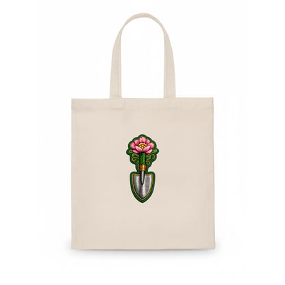Embroidered patch design - GARDENING TROWEL FLOWER - garden tool with blooming flower in - Tote Bag - white