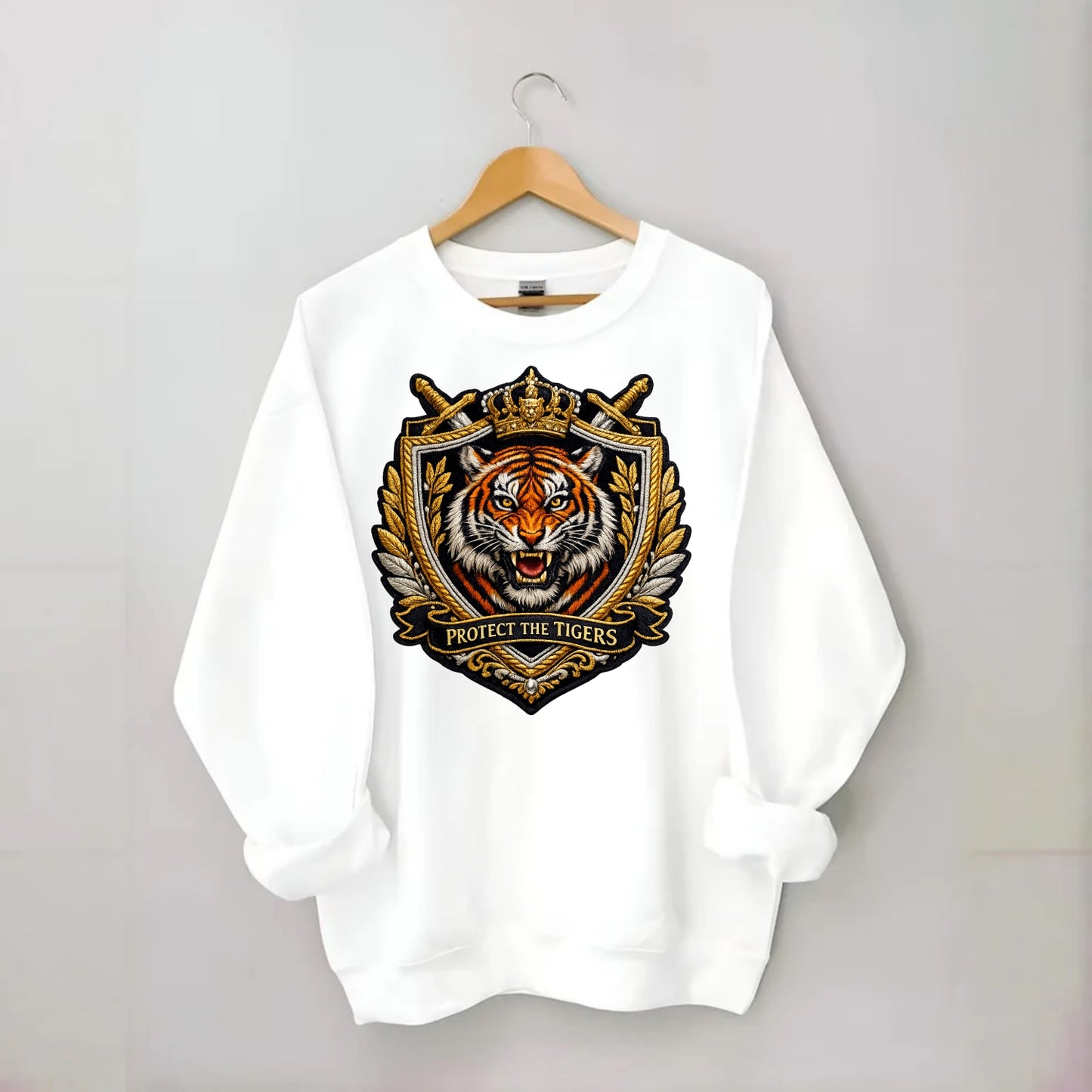 PROTECT THE TIGERS - tiger with shield in orange , big cat conservation - Crewneck Sweatshirt - white