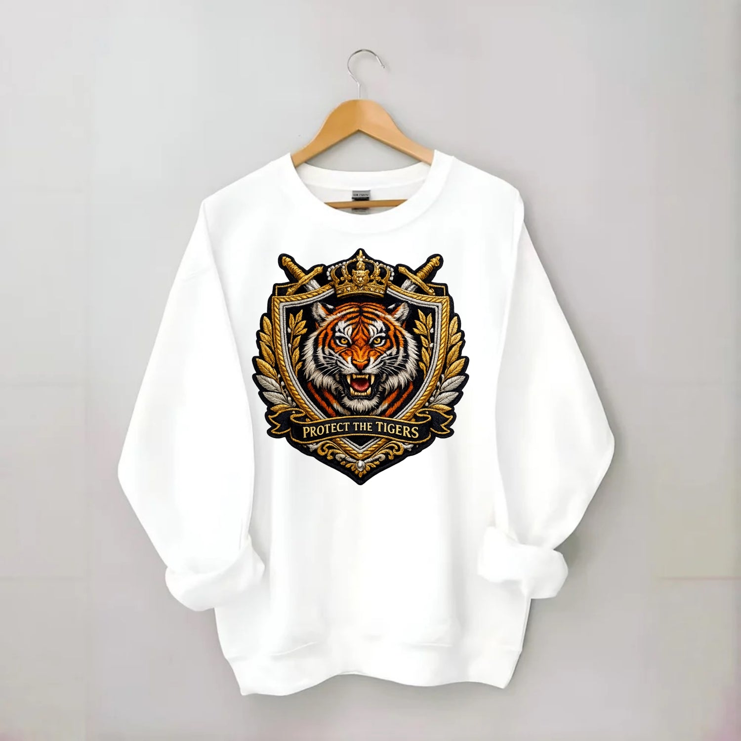 PROTECT THE TIGERS - tiger with shield in orange , big cat conservation - Crewneck Sweatshirt - white