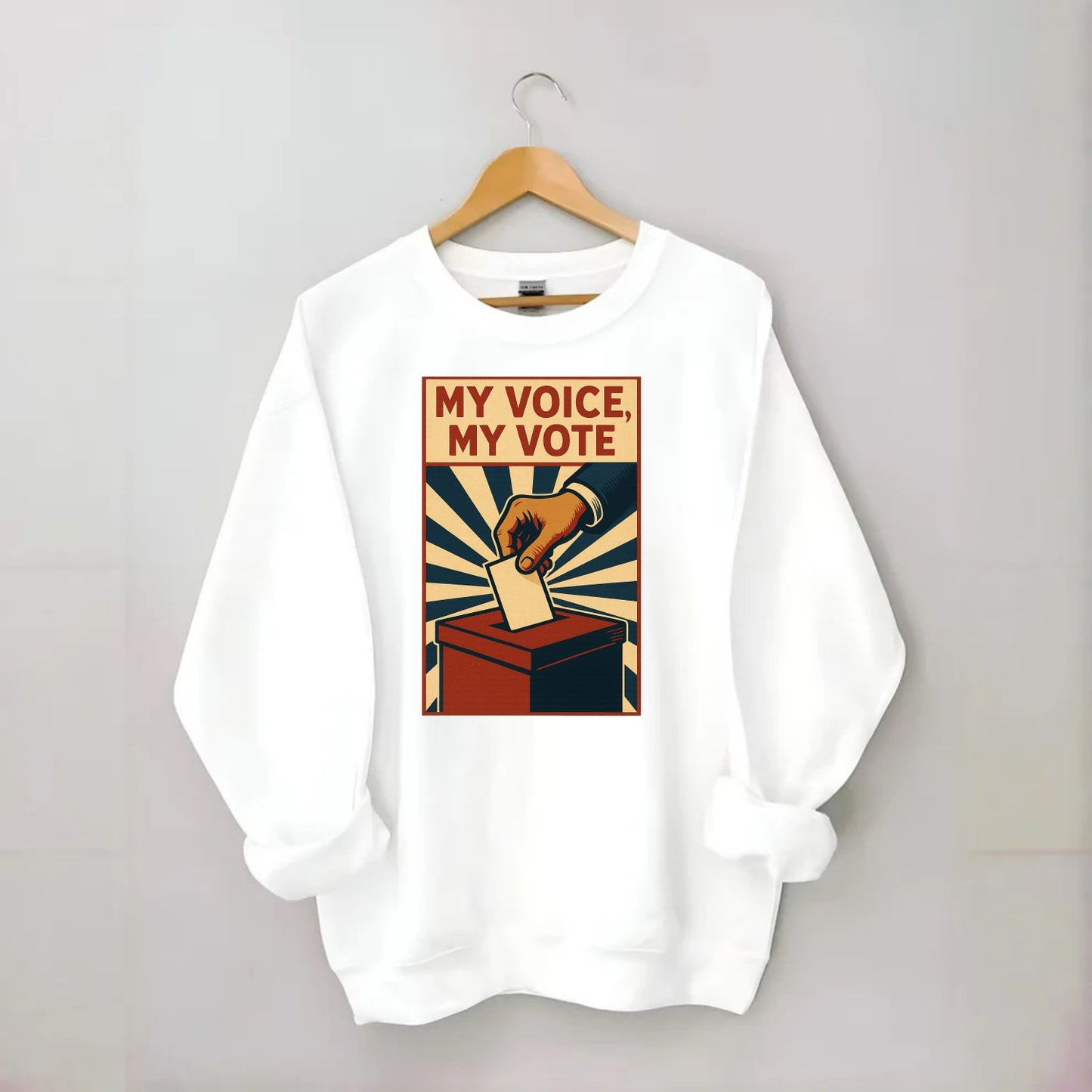 Hand dropping ballot into box with determination - "My Voice, My Vote" - - Crewneck Sweatshirt - white