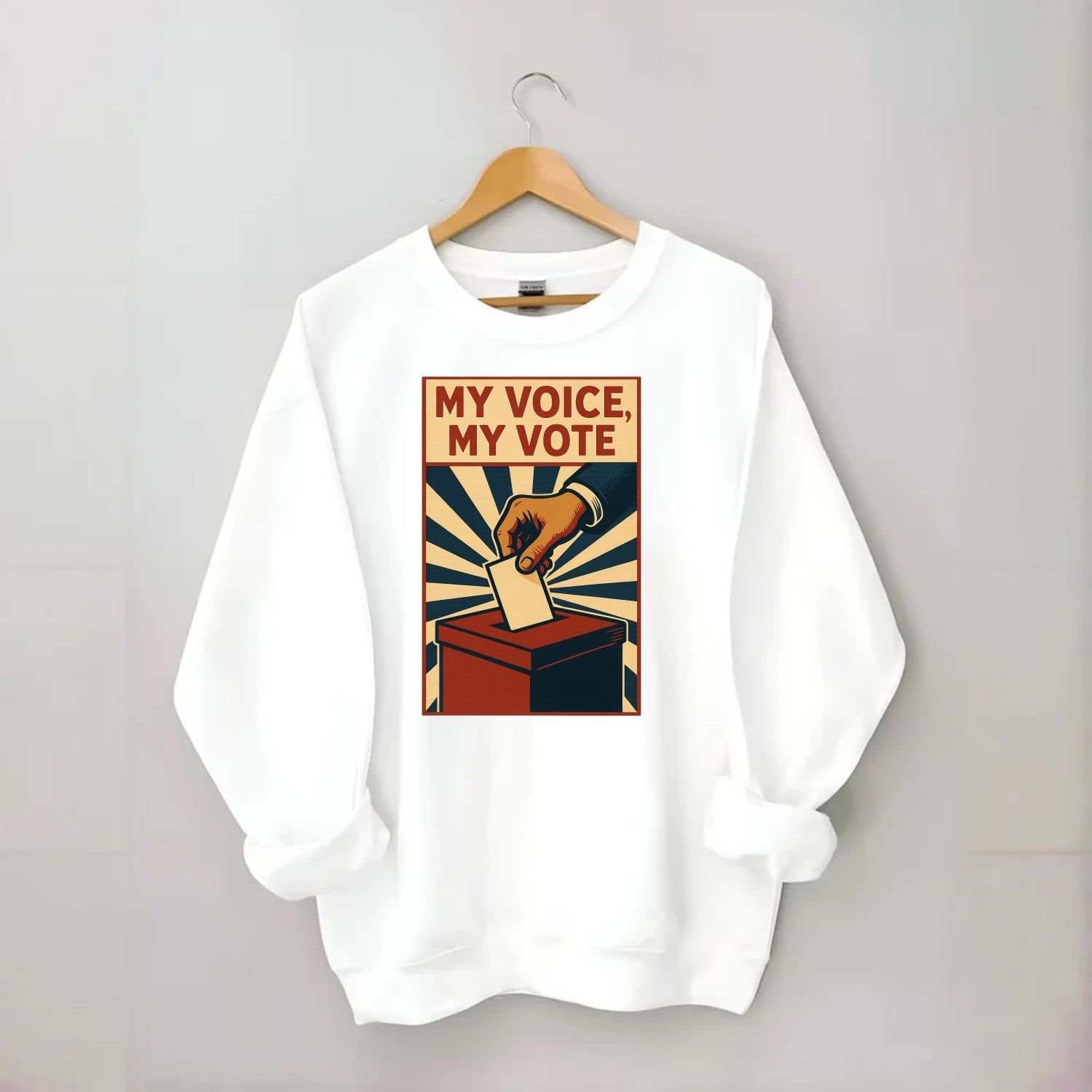 Hand dropping ballot into box with determination - "My Voice, My Vote" - - Crewneck Sweatshirt - white