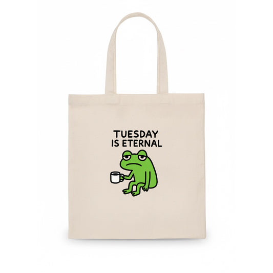 TUESDAY IS ETERNAL | Tired frog with coffee cup - Tote Bag - white