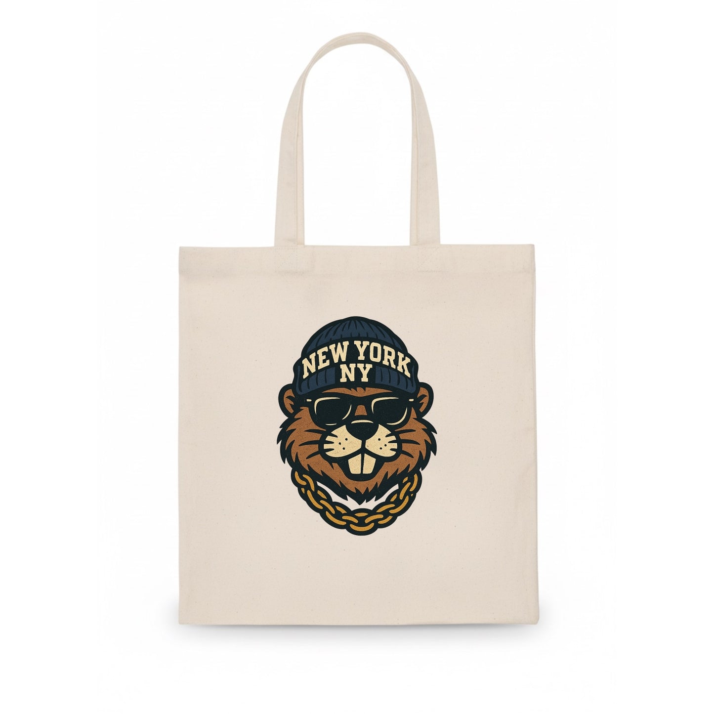 {"animal":"beaver","locationText":"NEW YORK","initials":"NY","beanieColor":"navy","catego - Tote Bag - white