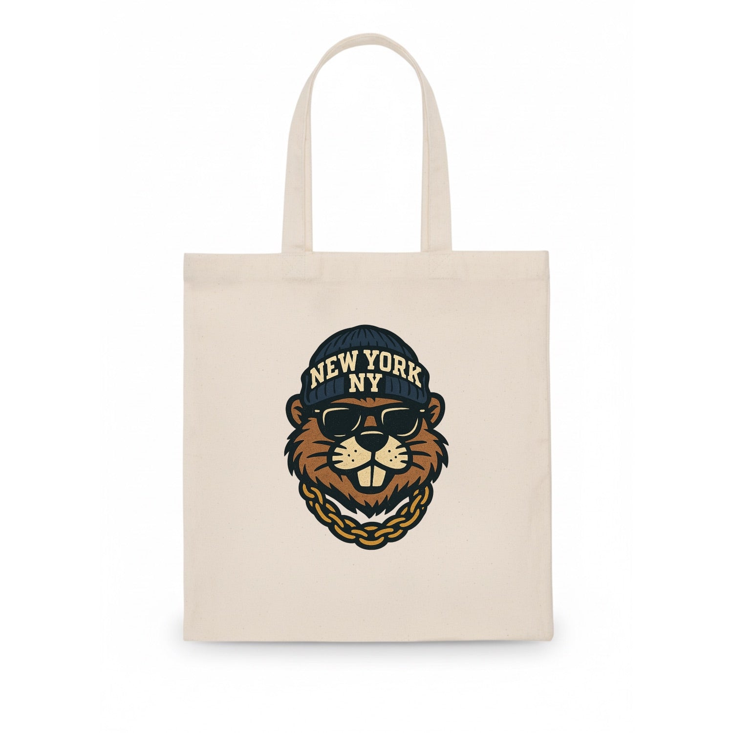 {"animal":"beaver","locationText":"NEW YORK","initials":"NY","beanieColor":"navy","catego - Tote Bag - white