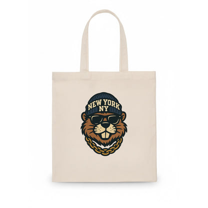 {"animal":"beaver","locationText":"NEW YORK","initials":"NY","beanieColor":"navy","catego - Tote Bag - white