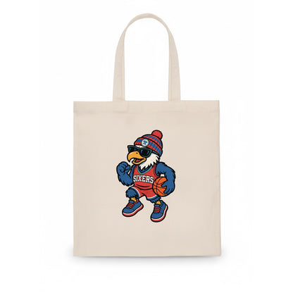 Philadelphia Eagle wearing 76ers red white and blue beanie with bell patch and wayfarer - Tote Bag - white
