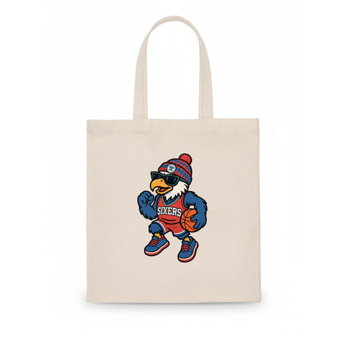 Philadelphia Eagle wearing 76ers red white and blue beanie with bell patch and wayfarer - Tote Bag