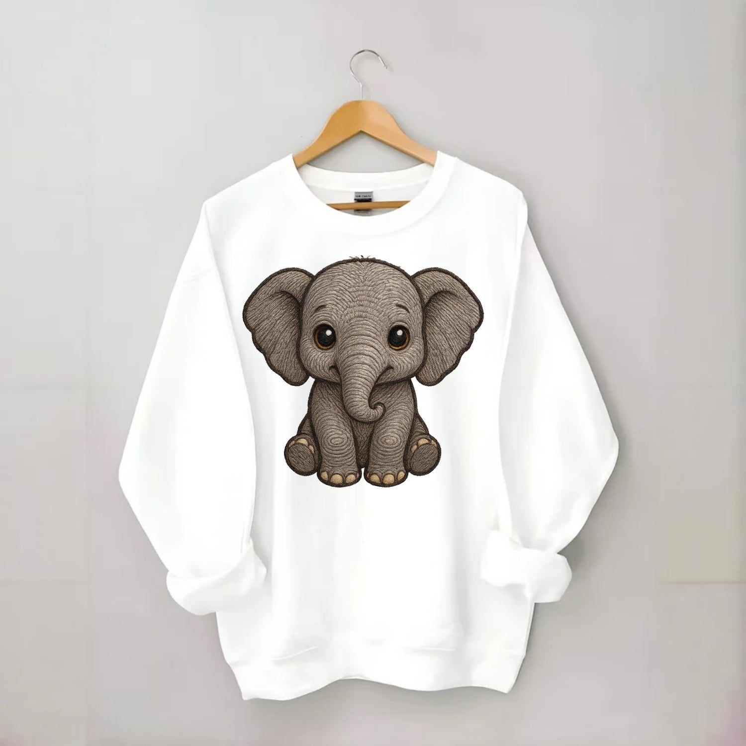 Baby Elephant - gray wrinkly, tiny trunk, large floppy ears, kind dark eyes, - Crewneck Sweatshirt - white