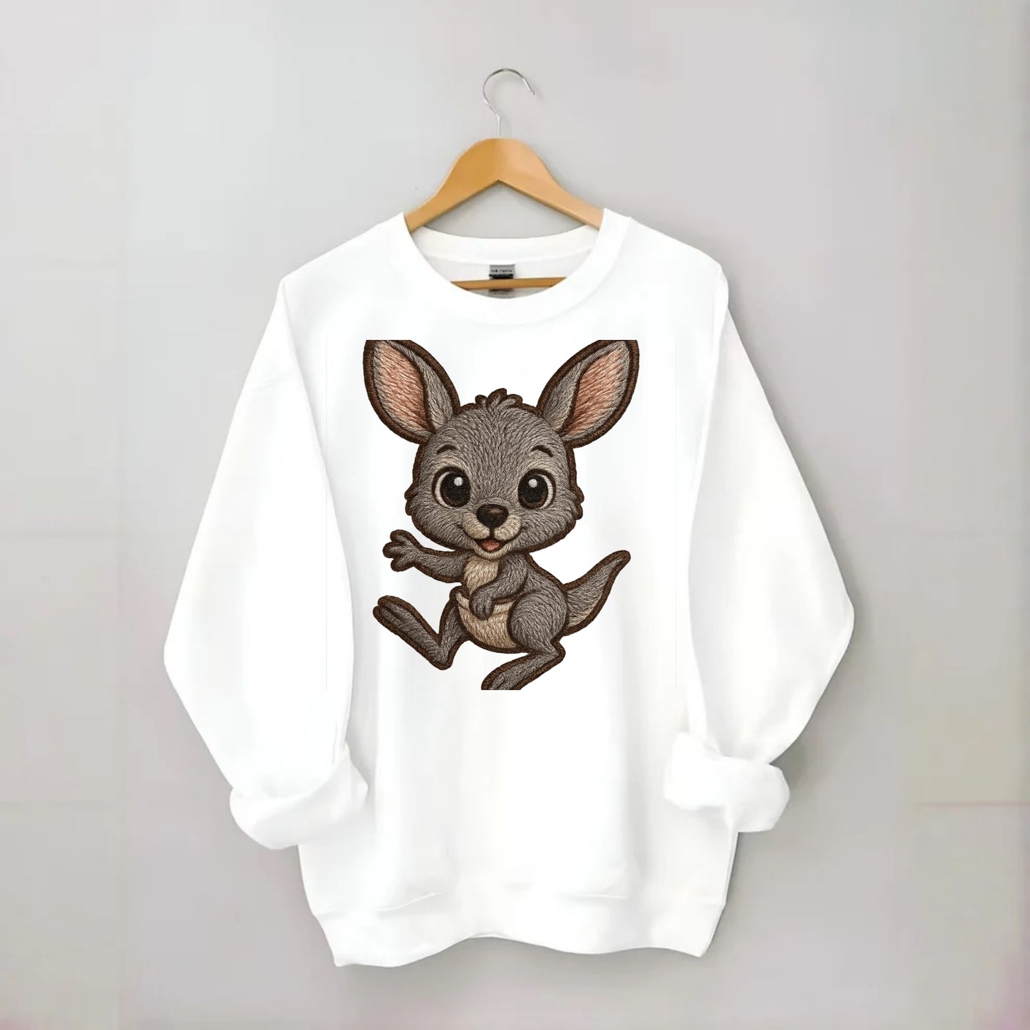 Baby Kangaroo Joey - gray fur, large ears, in pouch peek, bright eyes, - Crewneck Sweatshirt - white