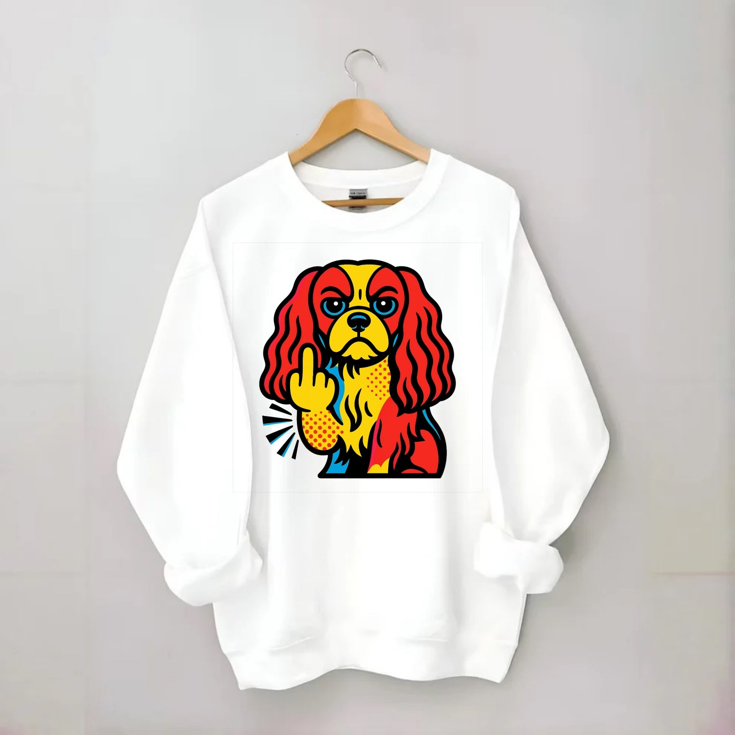 Cavalier King Charles Spaniel with long ears, regal paw giving finger - Crewneck Sweatshirt - white