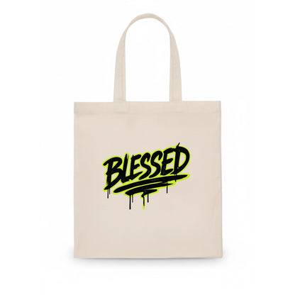Bold typography design - "BLESSED" - recognizing good fortune, abundance - Tote Bag - white