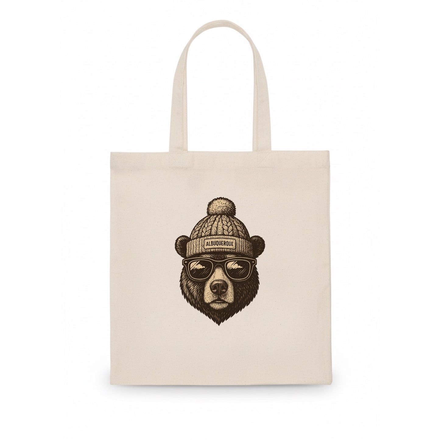 New Mexico Black Bear wearing Albuquerque beanie with pom pom and wayfarer sunglasses - Tote Bag - white