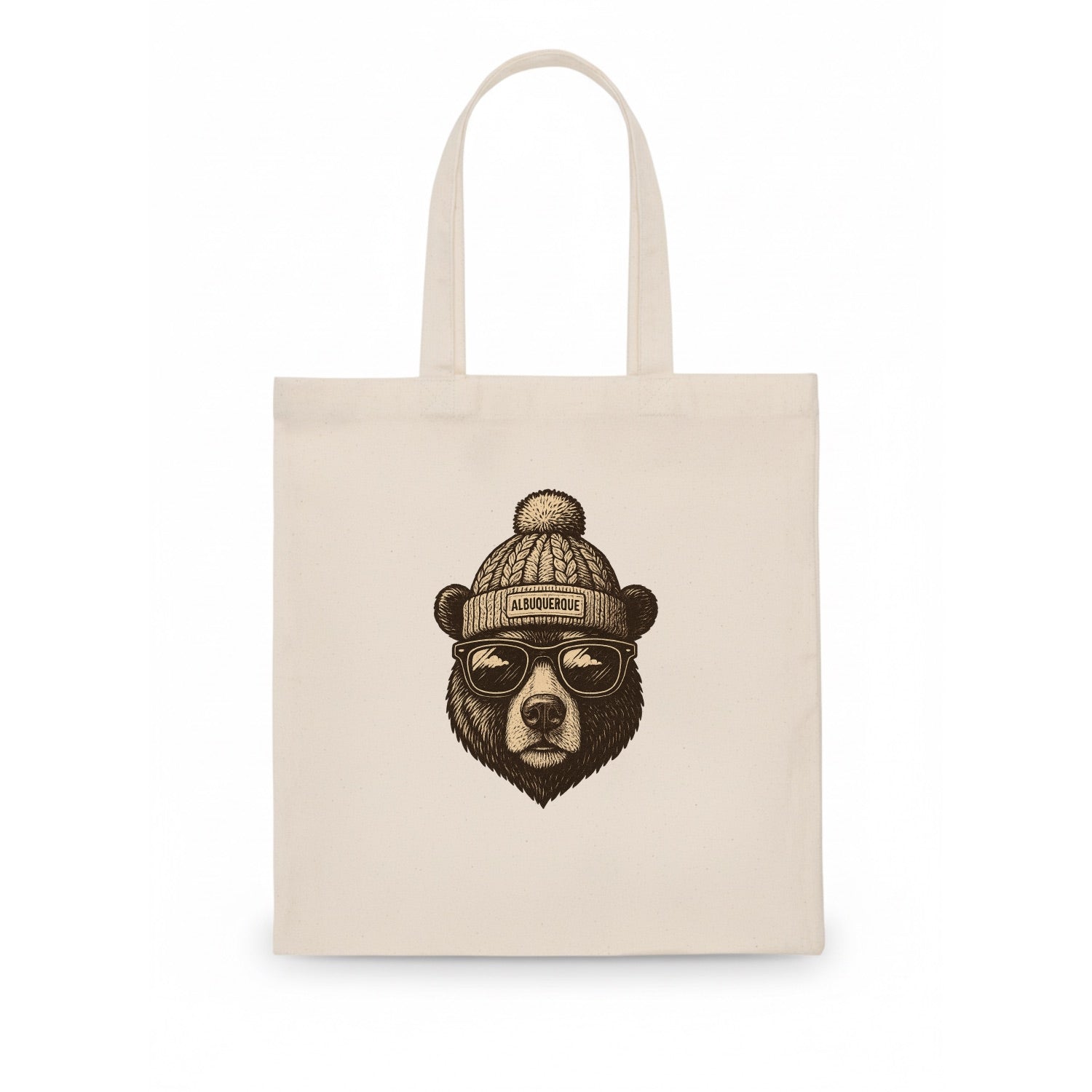 New Mexico Black Bear wearing Albuquerque beanie with pom pom and wayfarer sunglasses - Tote Bag - white