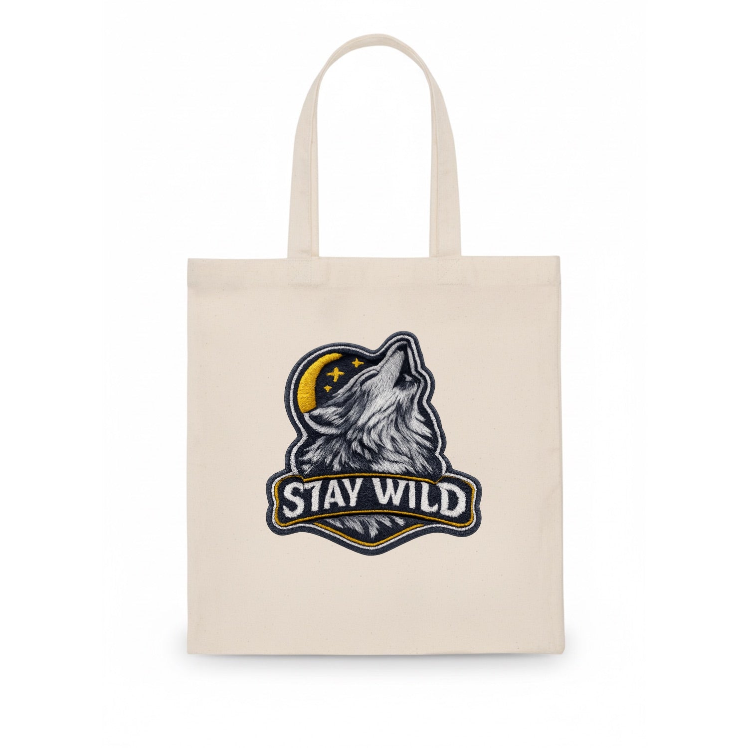 STAY WILD - wolf with text in gray , free spirit - Tote Bag - white