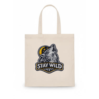 STAY WILD - wolf with text in gray , free spirit - Tote Bag - white