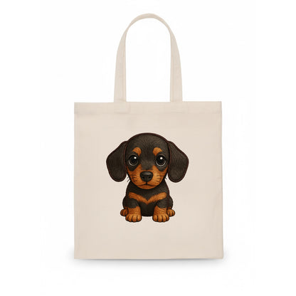 Baby Dachshund Puppy - long body, short legs, floppy ears, curious eyes, front-facing, - Tote Bag - white