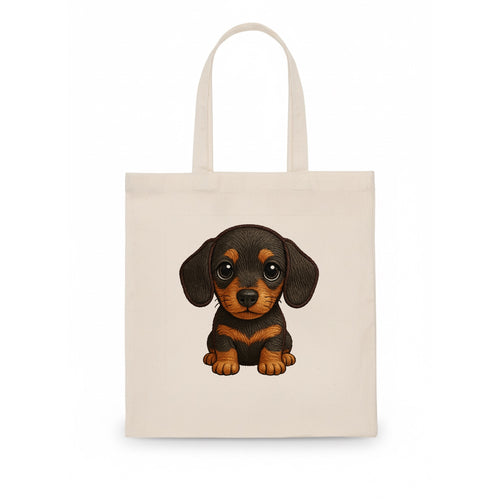 Baby Dachshund Puppy - long body, short legs, floppy ears, curious eyes, front-facing, - Tote Bag